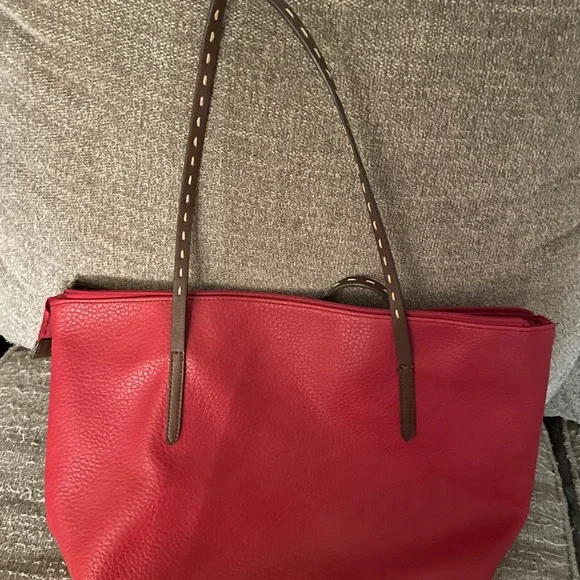 Liz Claiborne Red Tote with Brown Straps - Picture 5 of 6